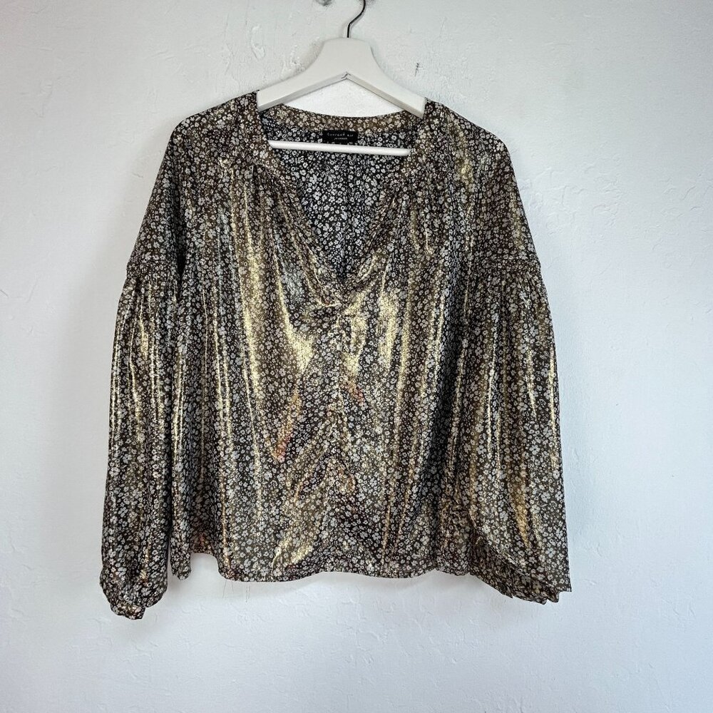 Current Air Anthropologie Womens Ditsy Floral Metallic Bishop Sleeve Top Small
